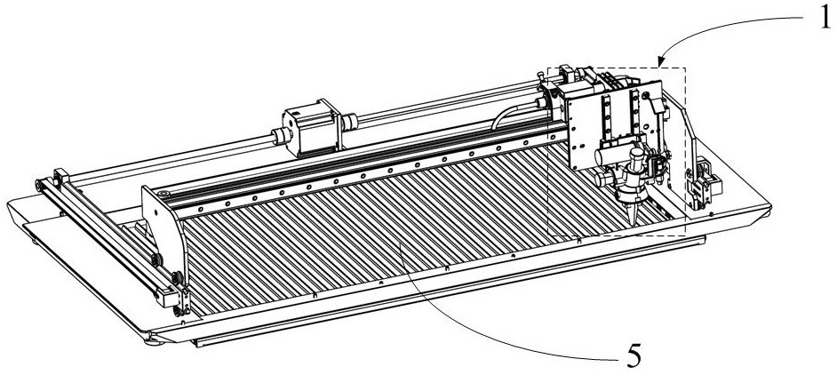 ACCELaser patent drawing of a galvo head carried over a large stationary work bed by an XYZ gantry