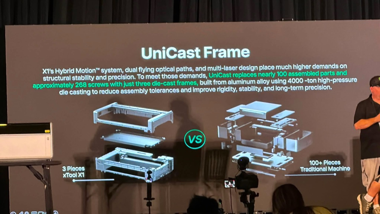 xTool UniCast Frame event slide comparing three die-cast X1 frames with a conventional machine made from more than 100 pieces