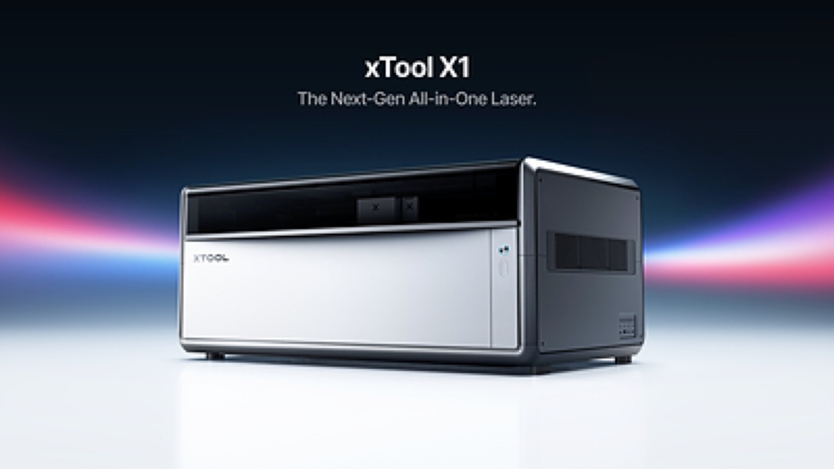 Official xTool X1 promotional image showing the closed white enclosure and black lid